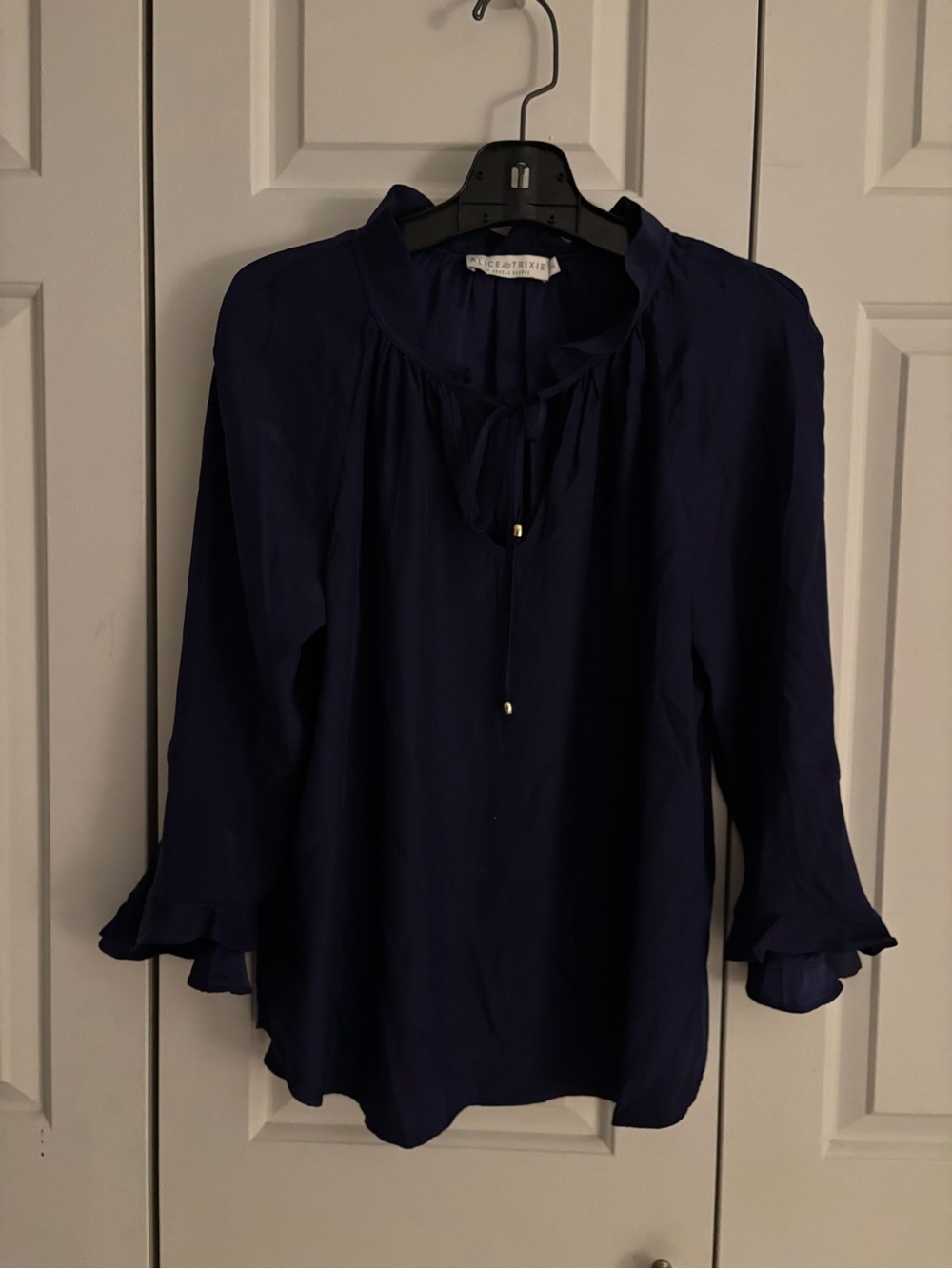 Alice & Trixie Navy Peasant Tie-Neck Blouse with Ruffle Cuffs 100% silk